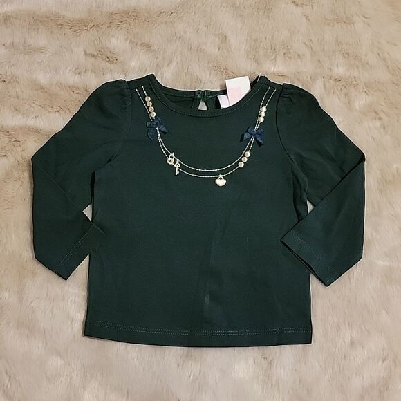 JANIE AND JACK FOREST GREEN LONG-SLEEVE TOP WITH GOLD TRIM, SIZE 6-12 MOS. - NEW - Picture 1 of 8